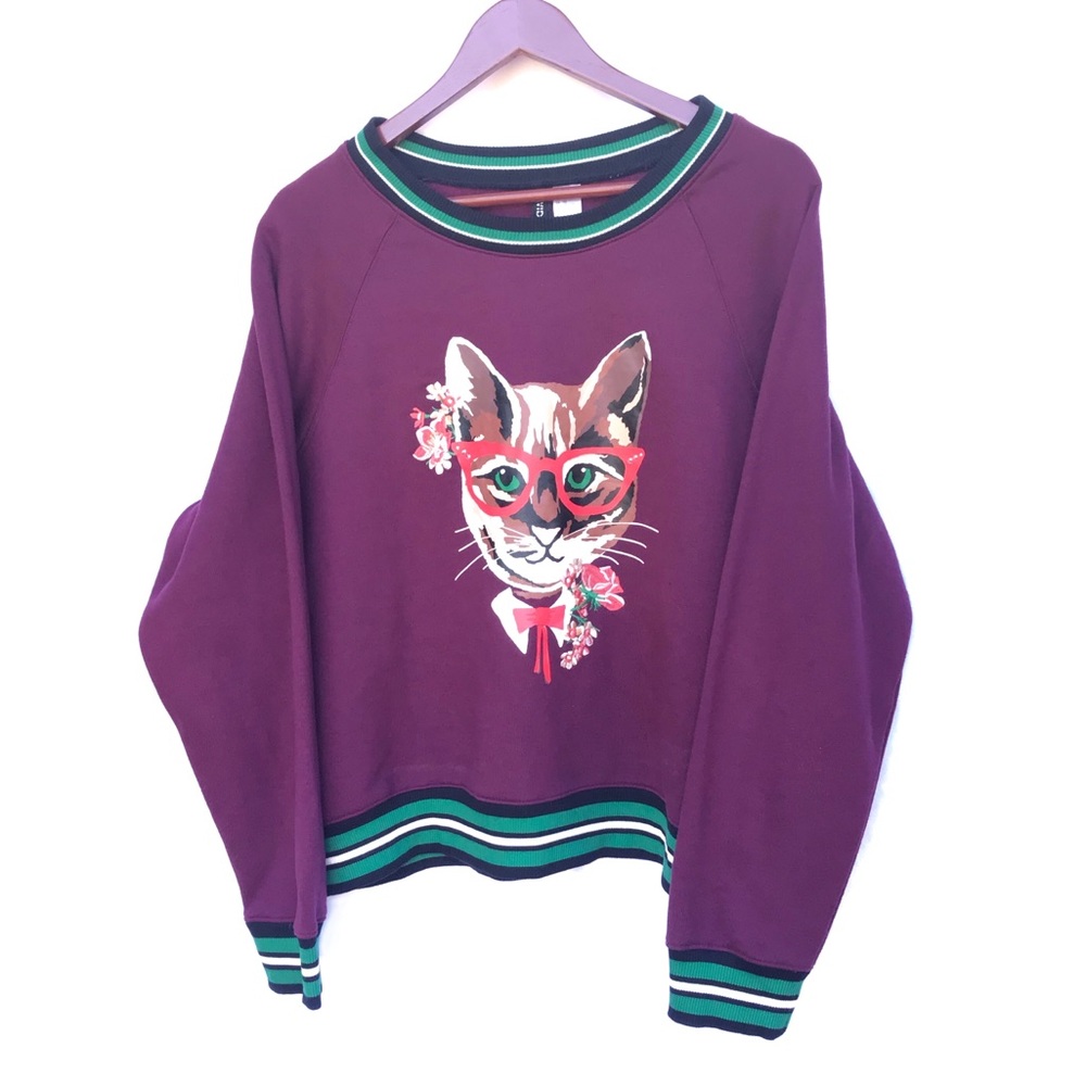 H&M Cat W/ Cat Eye Glasses and Flowers Sweater XL